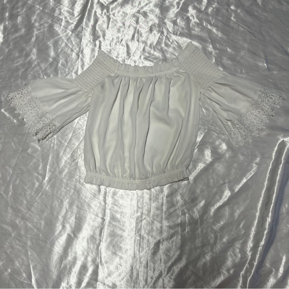 White Ruffled Off-the-Shoulder Crop Top - Picture 2 of 4